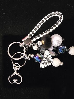 Black & White Beaded Braided Key and Card Holder Charm